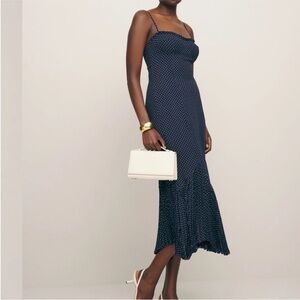 Reformation Aiko Midi Dress - Navy Blue with White Polka Dots